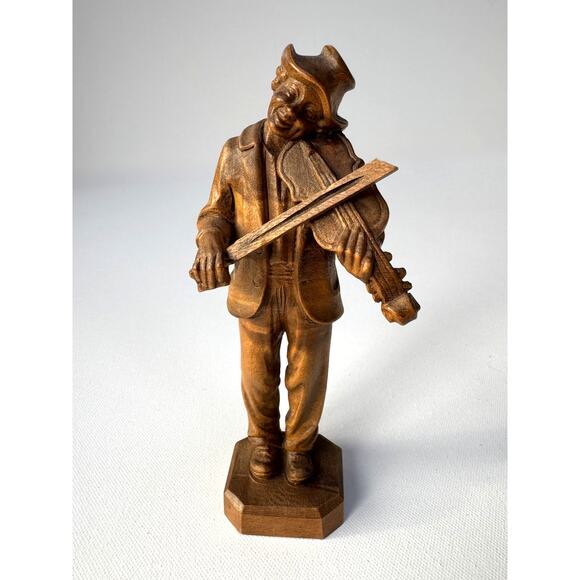 Vintage Hand-Carved Wooden Folk Fiddler Sculpture